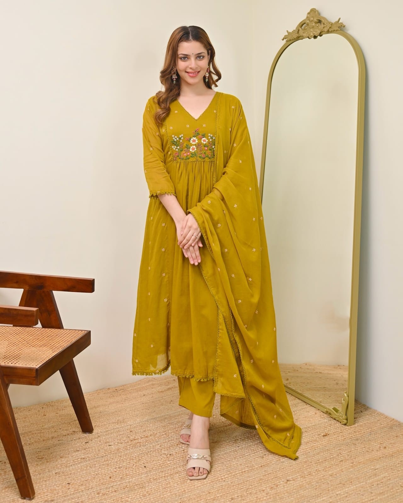 WOMEN'S PURE VISCOSE MUL CHANDERI EMBROIDERY WORK WITH  KURTA SETS